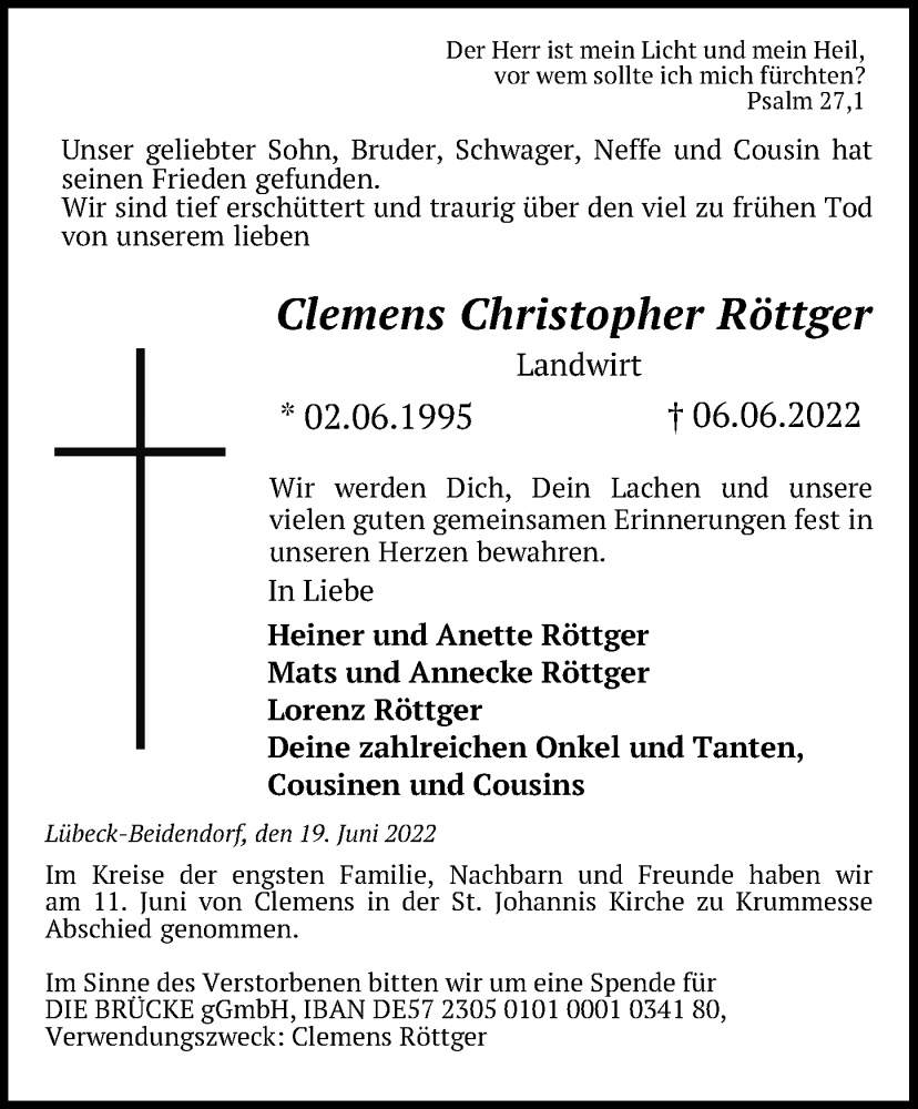  Traueranzeige für Clemens Christopher Röttger vom 19.06.2022 aus Lübecker Nachrichten