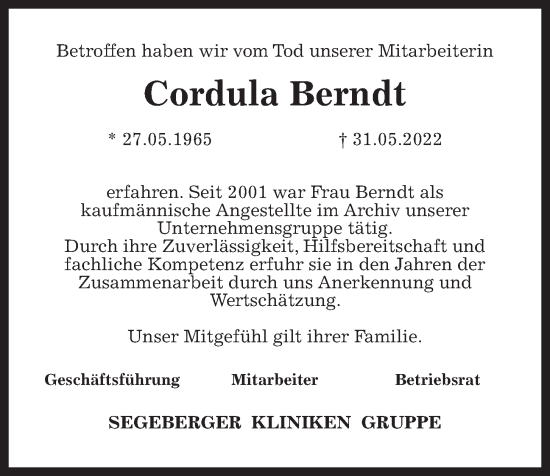 Traueranzeige von Cordula Berndt von Kieler Nachrichten