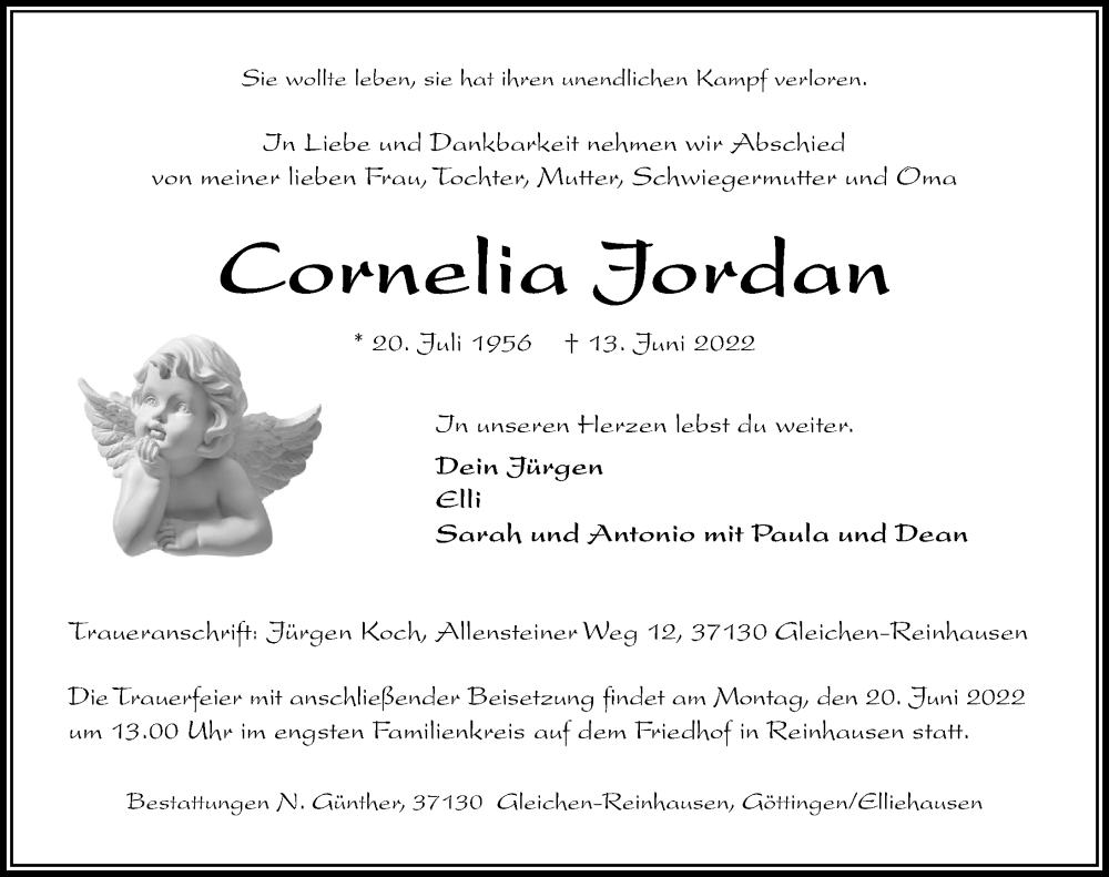  Traueranzeige für Cornelia Jordan vom 18.06.2022 aus Göttinger Tageblatt