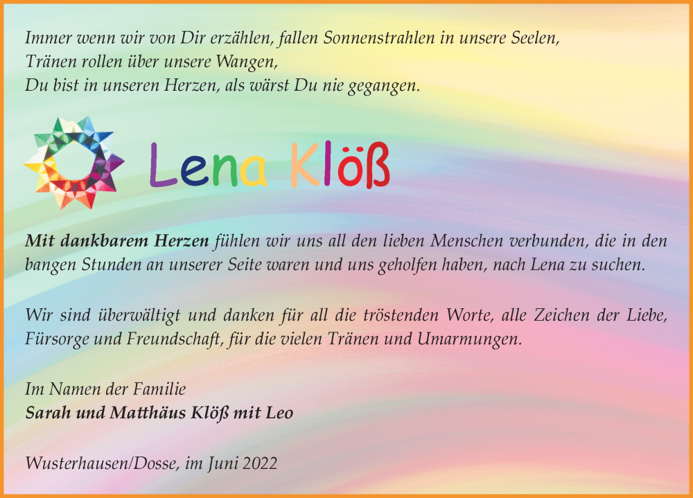  Traueranzeige für Lena Klöß vom 11.06.2022 aus Märkischen Allgemeine Zeitung