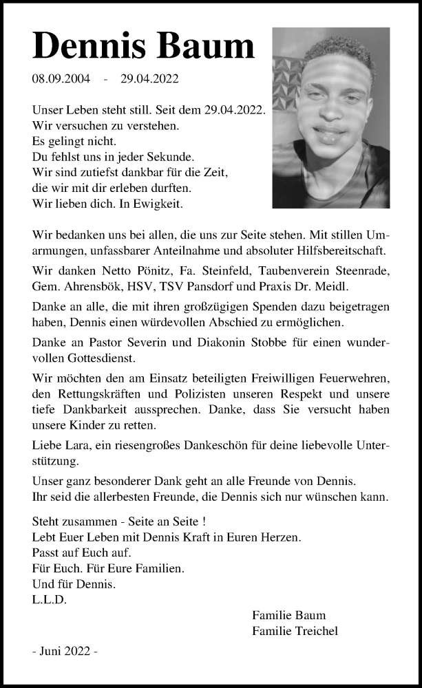  Traueranzeige für Dennis Baum vom 18.06.2022 aus Lübecker Nachrichten
