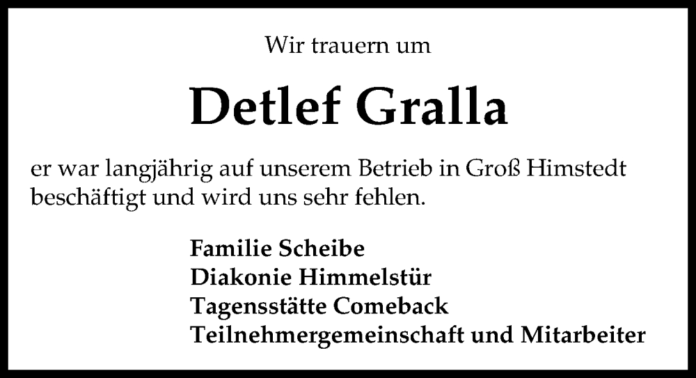  Traueranzeige für Detlef Gralla vom 02.06.2022 aus Peiner Allgemeine Zeitung