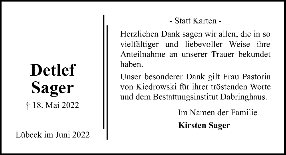  Traueranzeige für Detlef Sager vom 19.06.2022 aus Lübecker Nachrichten