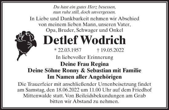 Traueranzeige von Detlef Wodrich von Märkischen Allgemeine Zeitung