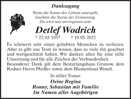Traueranzeige von Detlef Wodrich von Märkischen Allgemeine Zeitung