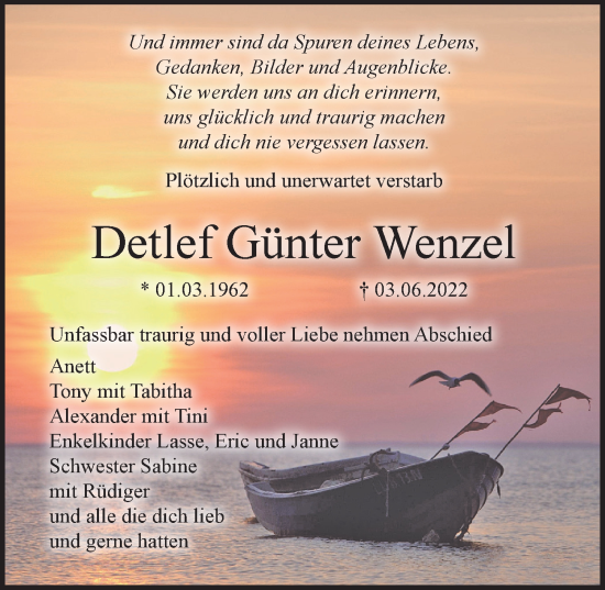 Traueranzeige von Detlef Günter Wenzel von Ostsee-Zeitung GmbH