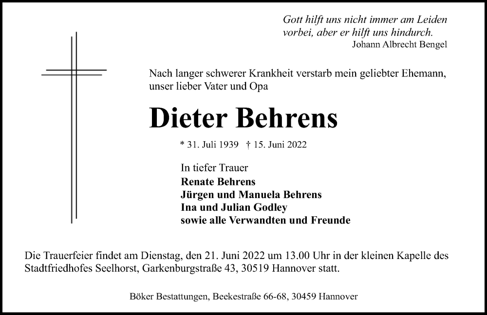 Traueranzeige für Dieter Behrens vom 18.06.2022 aus Hannoversche Allgemeine Zeitung/Neue Presse