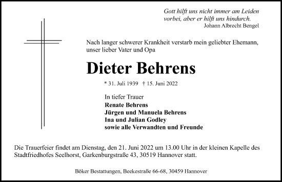 Traueranzeige von Dieter Behrens von Hannoversche Allgemeine Zeitung/Neue Presse