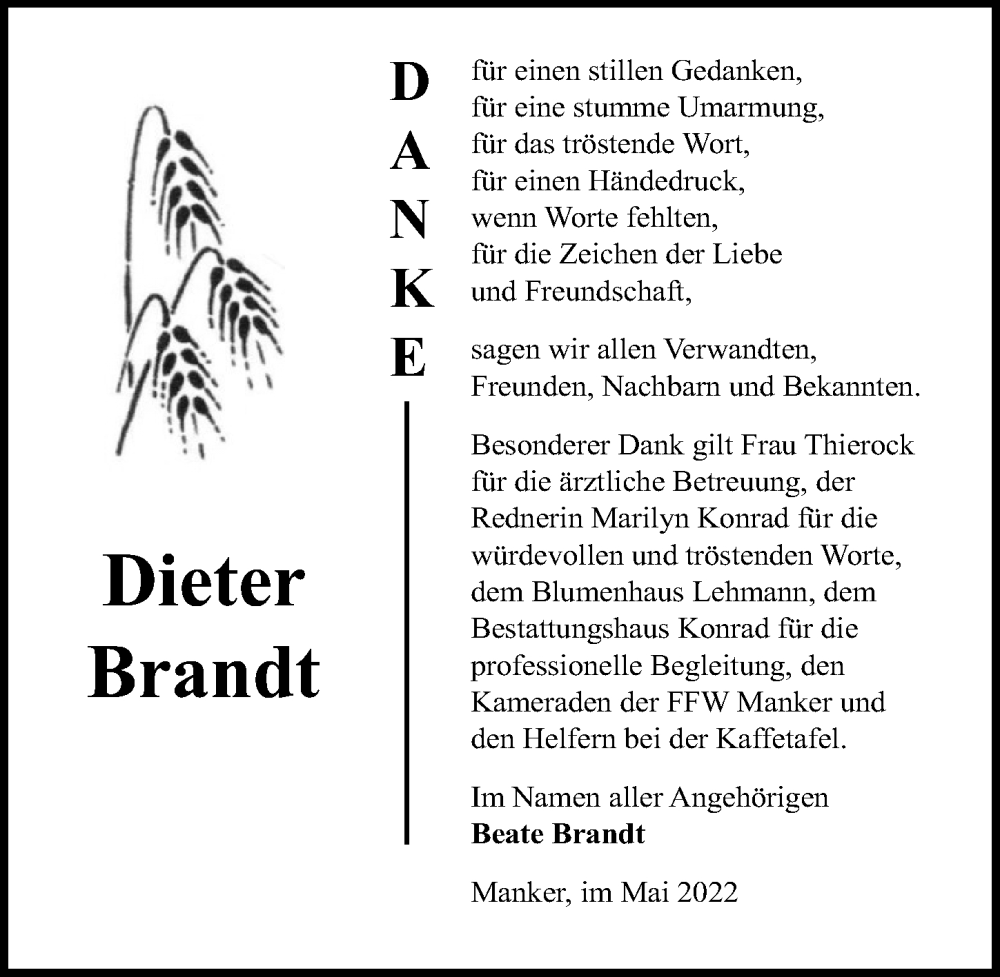  Traueranzeige für Dieter Brandt vom 28.05.2022 aus Märkischen Allgemeine Zeitung