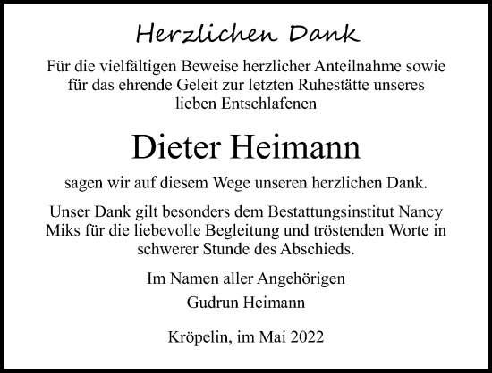 Traueranzeige von Dieter Heimann von Ostsee-Zeitung GmbH