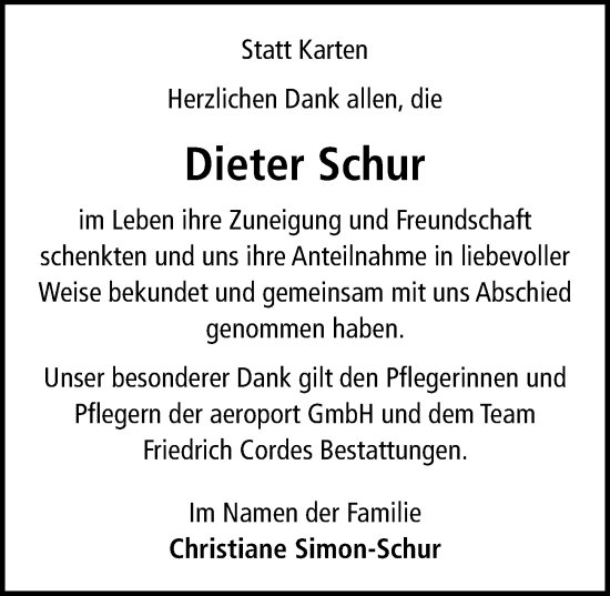 Traueranzeige von Dieter Schur von Hannoversche Allgemeine Zeitung/Neue Presse