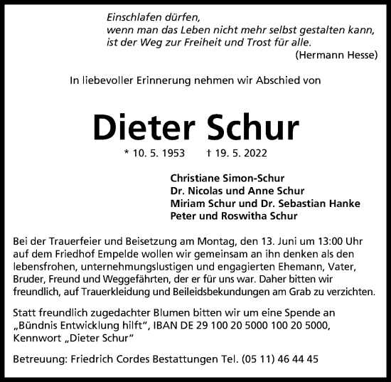 Traueranzeige von Dieter Schur von Hannoversche Allgemeine Zeitung/Neue Presse