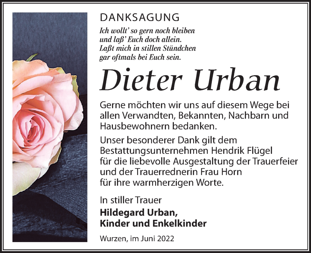  Traueranzeige für Dieter Urban vom 04.06.2022 aus Leipziger Volkszeitung
