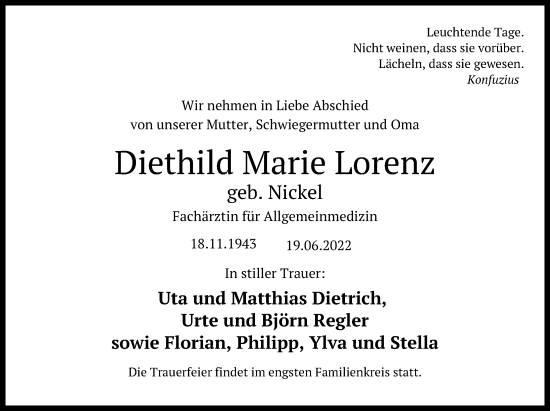 Traueranzeige von Diethild Marie Lorenz von Ostsee-Zeitung GmbH