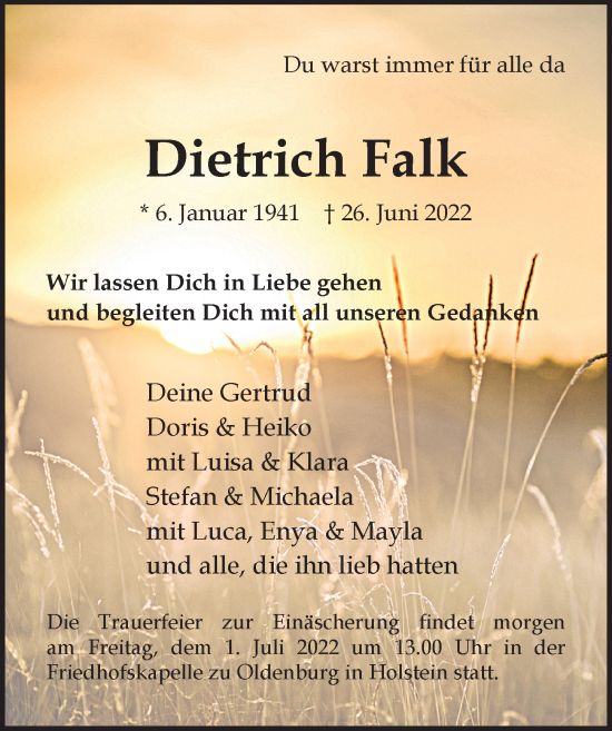 Traueranzeige von Dietrich Falk von Lübecker Nachrichten