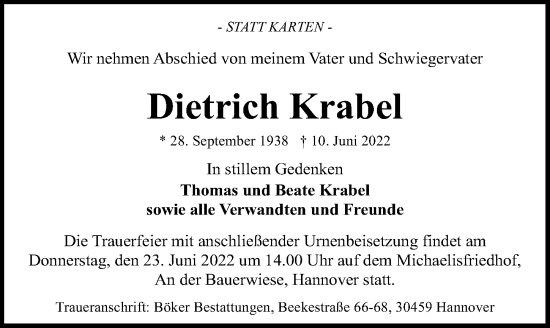 Traueranzeige von Dietrich Krabel von Hannoversche Allgemeine Zeitung/Neue Presse