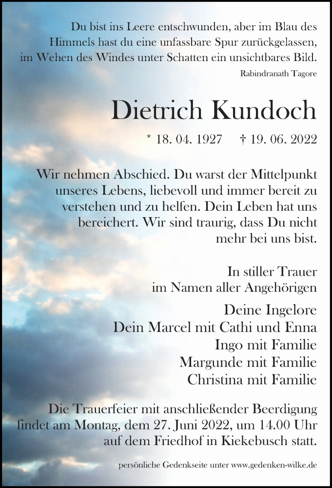  Traueranzeige für Dietrich Kundoch vom 22.06.2022 aus Märkischen Allgemeine Zeitung