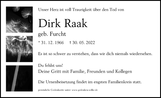 Traueranzeige von Dirk Raak von Märkischen Allgemeine Zeitung