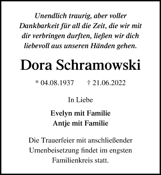 Traueranzeige von Dora Schramowski von Ostsee-Zeitung GmbH