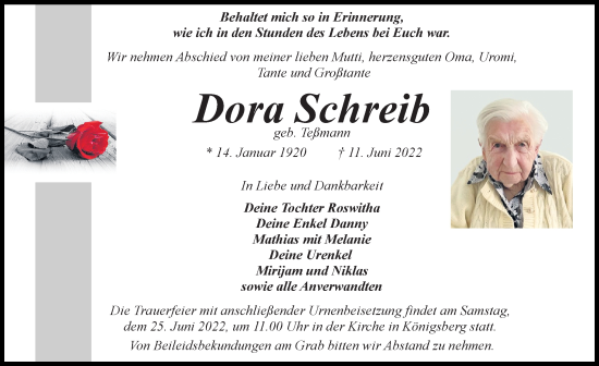 Traueranzeige von Dora Schreib von Märkischen Allgemeine Zeitung