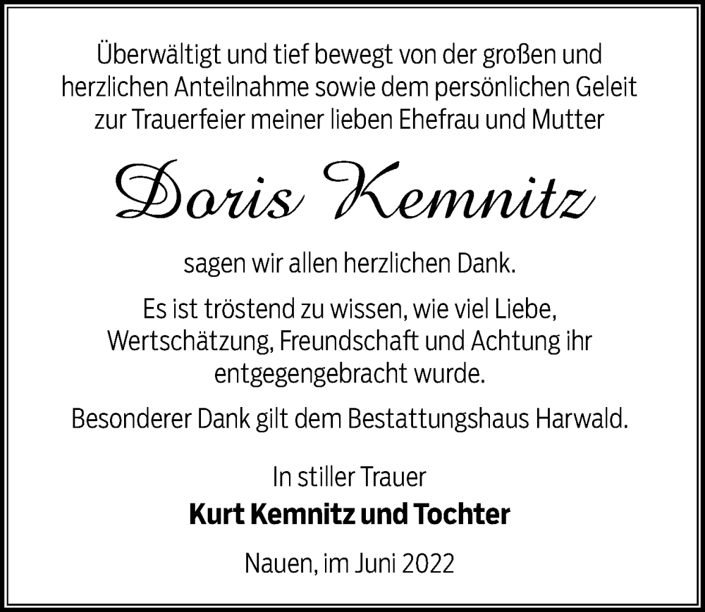  Traueranzeige für Doris Kemnitz vom 25.06.2022 aus Märkischen Allgemeine Zeitung