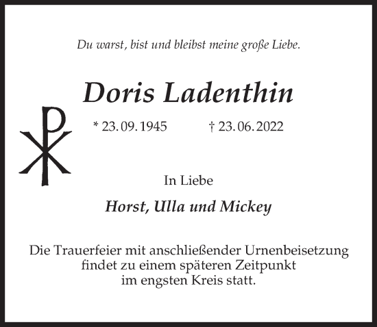 Traueranzeige von Doris Ladenthin von Märkischen Allgemeine Zeitung