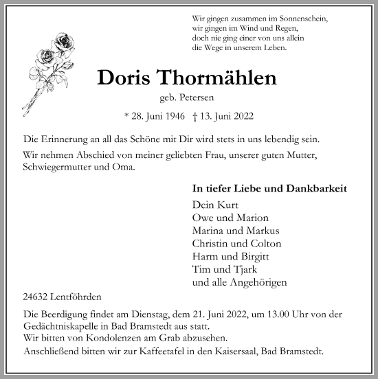 Traueranzeige von Doris Thormählen von Kieler Nachrichten