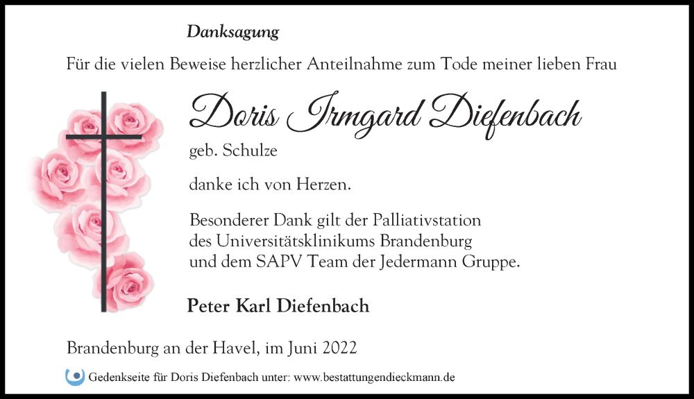  Traueranzeige für Doris Irmgard Diefenbach vom 18.06.2022 aus Märkischen Allgemeine Zeitung
