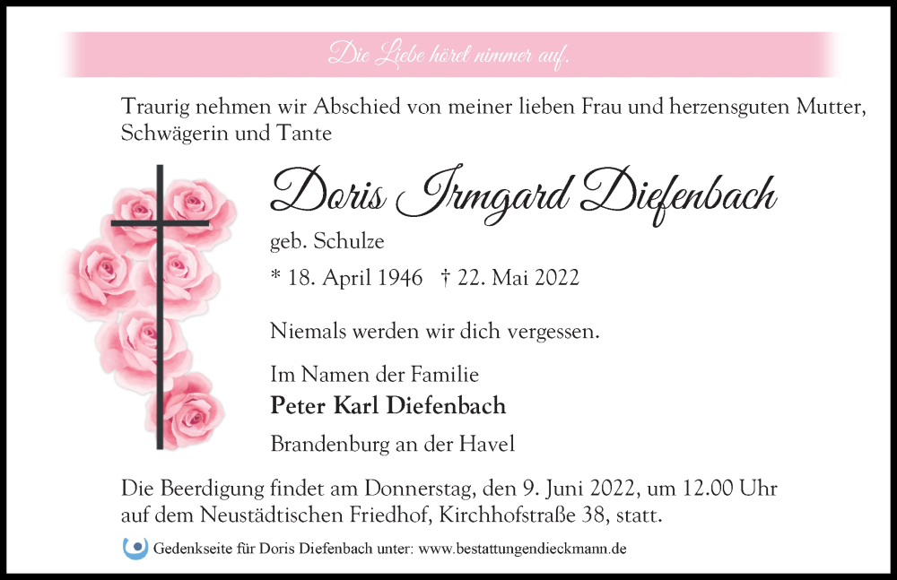  Traueranzeige für Doris Irmgard Diefenbach vom 28.05.2022 aus Märkischen Allgemeine Zeitung