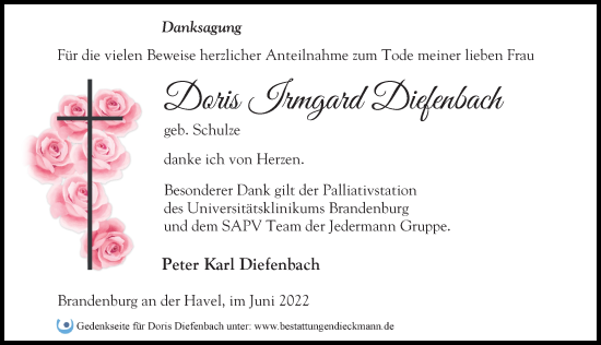 Traueranzeige von Doris Irmgard Diefenbach von Märkischen Allgemeine Zeitung