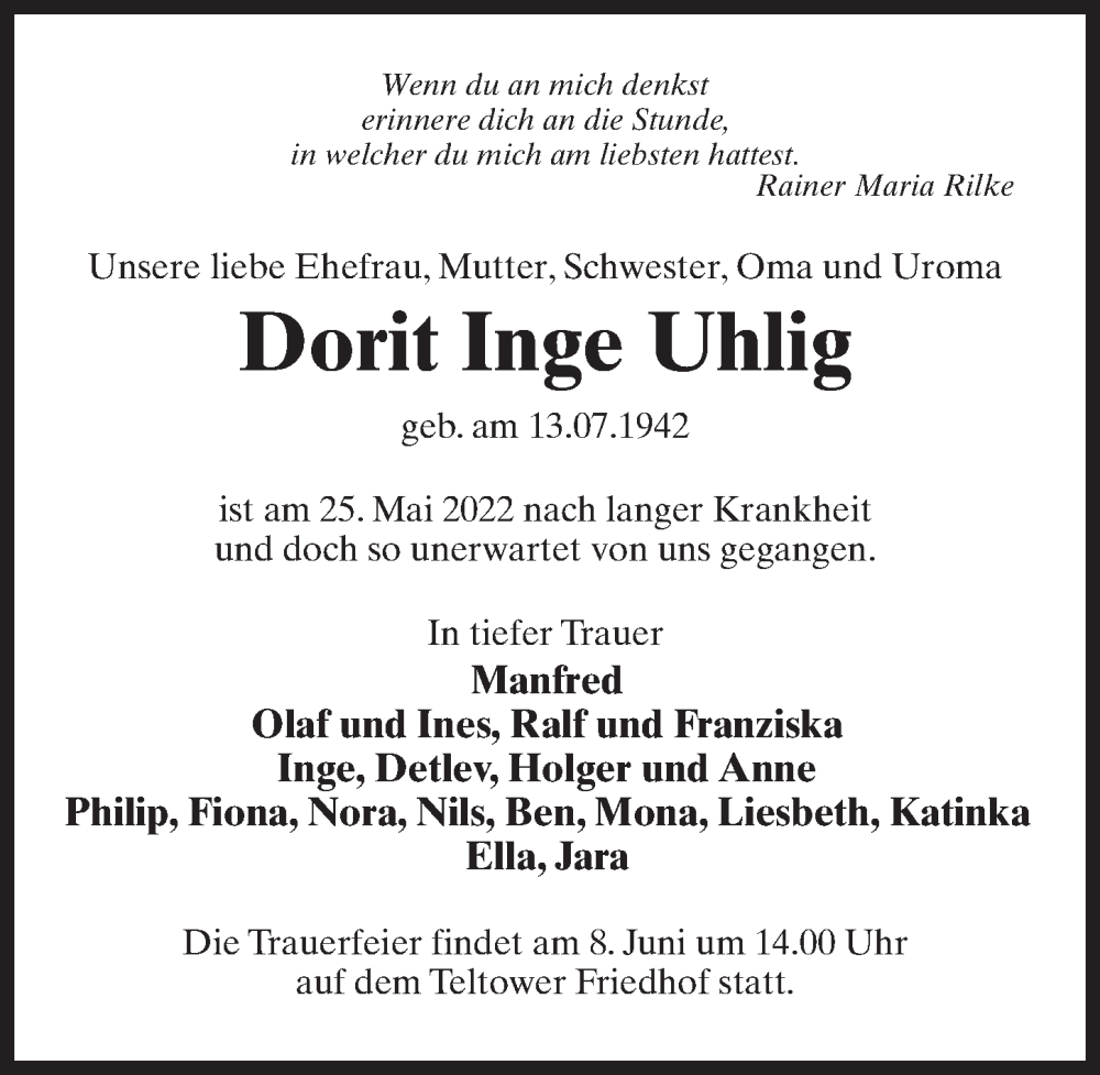 Traueranzeige für Dorit Inge Uhlig vom 04.06.2022 aus Märkischen Allgemeine Zeitung
