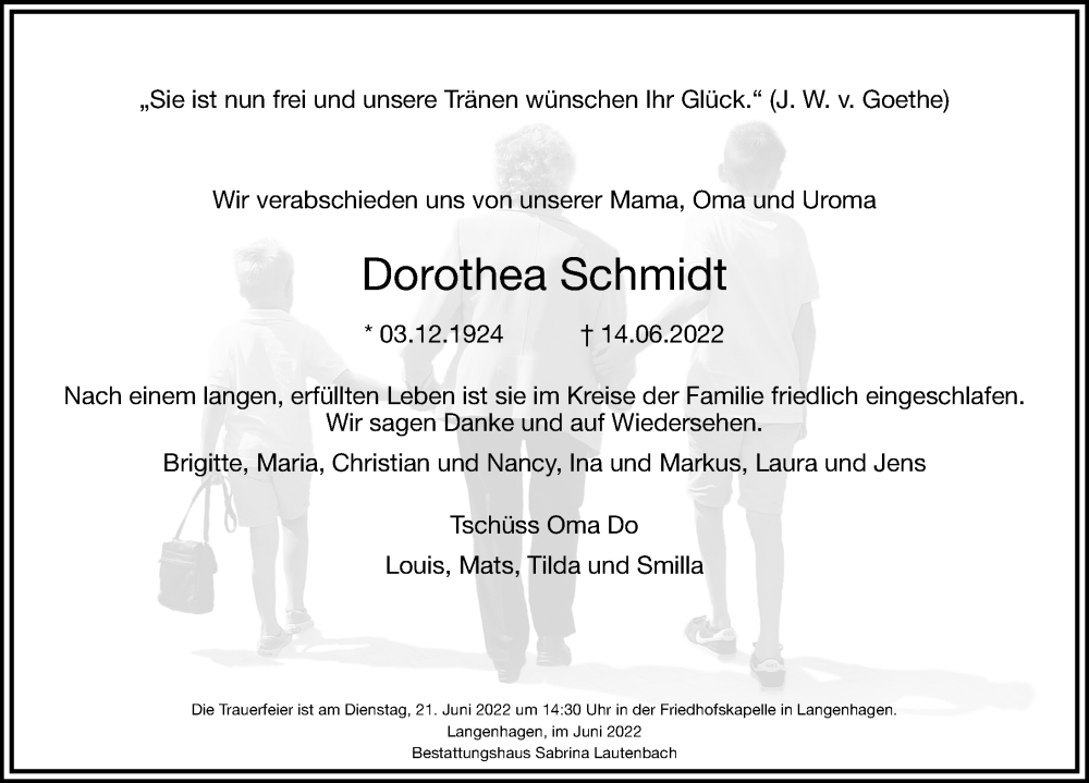  Traueranzeige für Dorothea Schmidt vom 18.06.2022 aus Eichsfelder Tageblatt