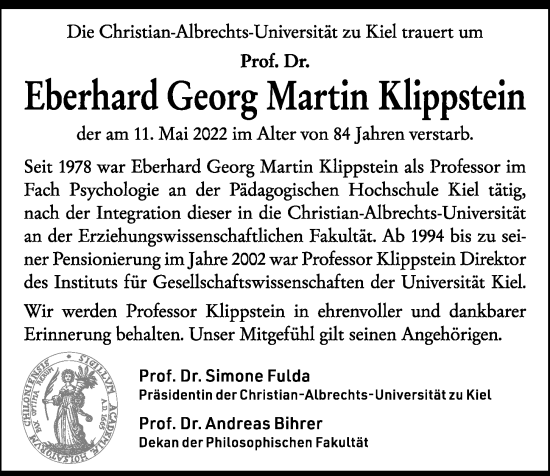 Traueranzeige von Eberhardt Georg Martin Klippstein von Kieler Nachrichten