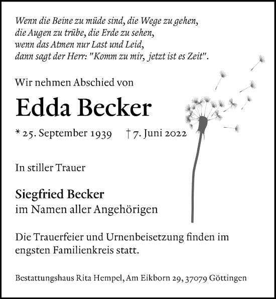 Traueranzeige von Edda Becker von Göttinger Tageblatt
