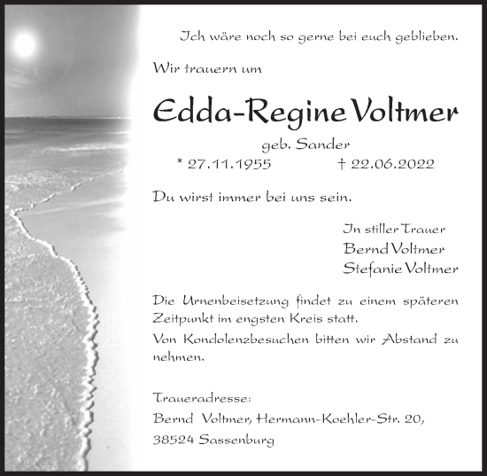 Traueranzeige von Edda-Regine Voltmer von Aller Zeitung
