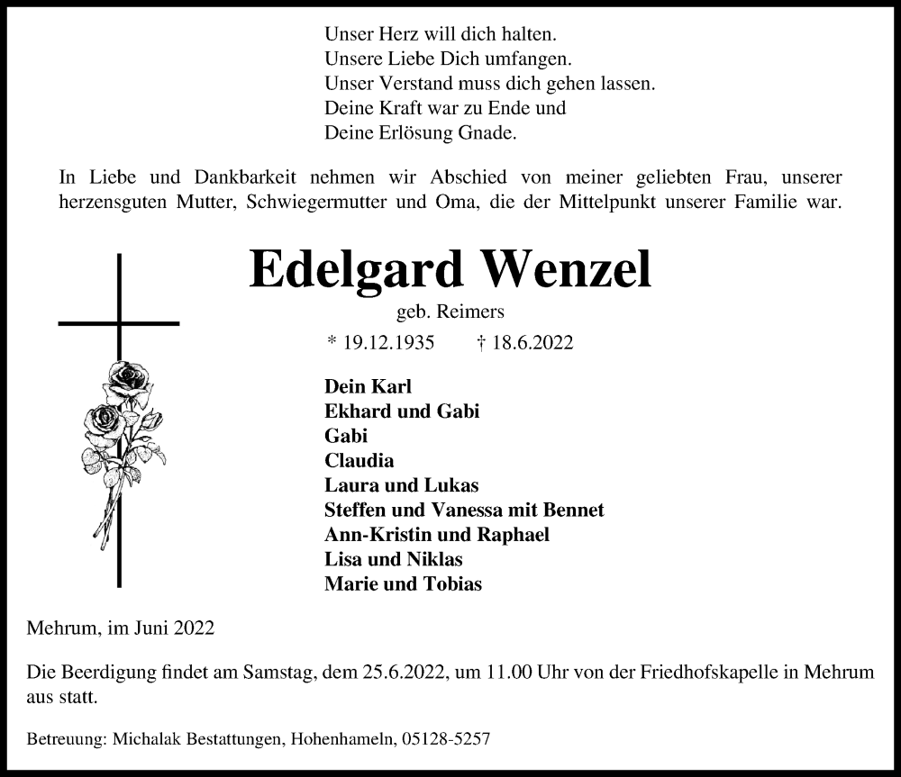 Traueranzeige für Edelgard Wenzel vom 21.06.2022 aus Peiner Allgemeine Zeitung