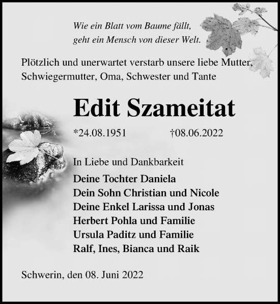 Traueranzeige von Edit Szameitat von Ostsee-Zeitung GmbH
