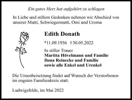 Traueranzeige von Edith Donath von Märkischen Allgemeine Zeitung