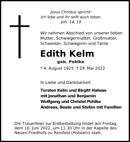 Traueranzeige von Edith Kelm von Lübecker Nachrichten