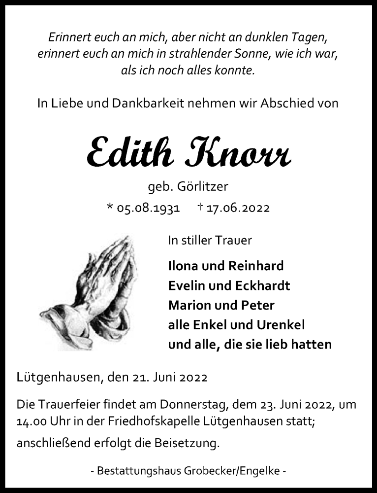  Traueranzeige für Edith Knorr vom 21.06.2022 aus Eichsfelder Tageblatt