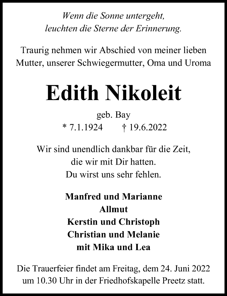  Traueranzeige für Edith Nikoleit vom 22.06.2022 aus Kieler Nachrichten
