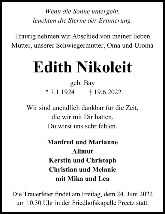 Traueranzeige von Edith Nikoleit von Kieler Nachrichten