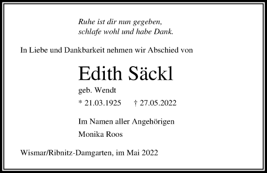 Traueranzeige von Edith Säckl von Ostsee-Zeitung GmbH
