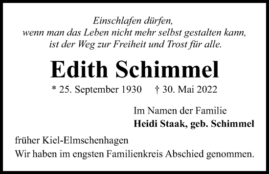 Traueranzeige von Edith Schimmel von Kieler Nachrichten