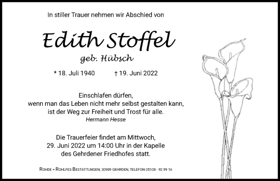 Traueranzeige von Edith Stoffel von Hannoversche Allgemeine Zeitung/Neue Presse