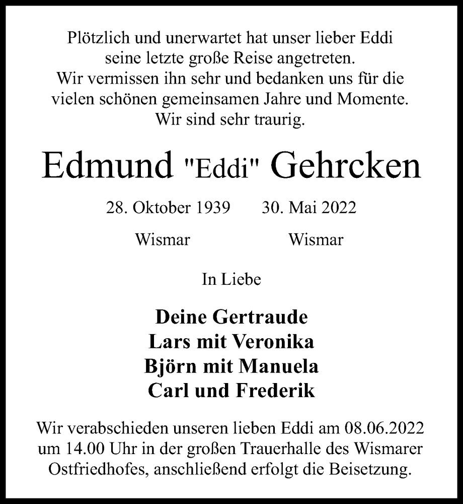  Traueranzeige für Edmund Gehrcken vom 04.06.2022 aus Ostsee-Zeitung GmbH