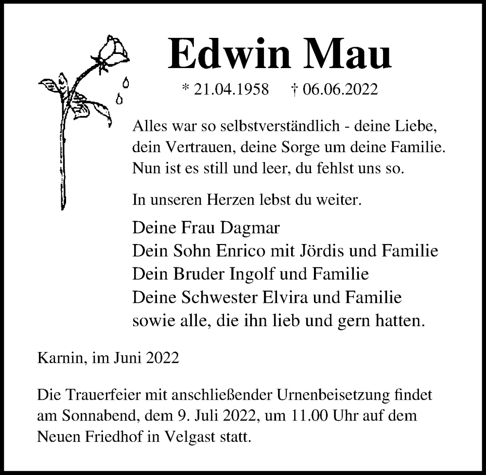  Traueranzeige für Edwin Mau vom 11.06.2022 aus Ostsee-Zeitung GmbH