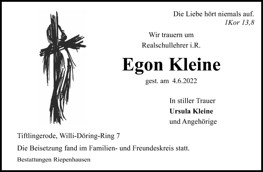  Traueranzeige für Egon Kleine vom 18.06.2022 aus Eichsfelder Tageblatt
