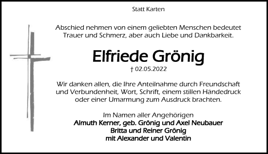 Traueranzeige von Elfriede Grönig von Hannoversche Allgemeine Zeitung/Neue Presse