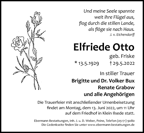 Traueranzeige von Elfriede Otto von Peiner Allgemeine Zeitung